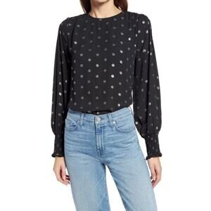 Halogen Metallic Dot Popover Blouse in Black with Silver‎ Dots Small MSRP $59